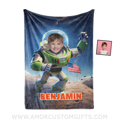 Blankets Personalized Lightyear Astronaut On The Moon Buzz Blanket | Custom Name & Face Boy Blanket