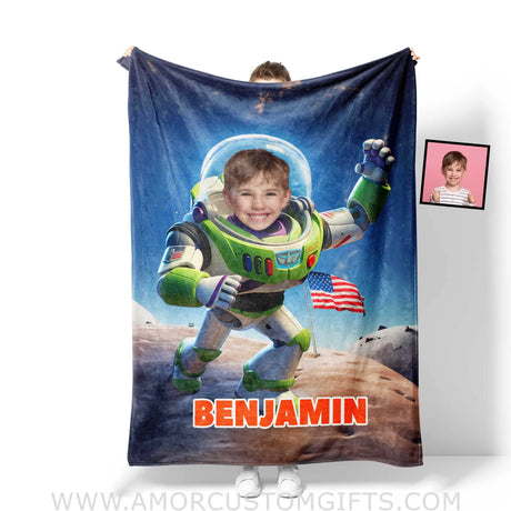 Blankets Personalized Lightyear Astronaut On The Moon Buzz Blanket | Custom Name & Face Boy Blanket