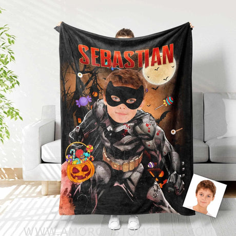 Blankets Personalized Little Boys Superhero Bat Boy Halloween Blanket | Kids Custom Face & Name Superhero Blanket