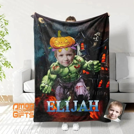 Blankets Personalized Little Boys Superhero Hulk Halloween Blanket | Kids Custom Face & Name Superhero Blanket
