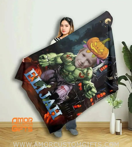 Blankets Personalized Little Boys Superhero Hulk Halloween Blanket | Kids Custom Face & Name Superhero Blanket