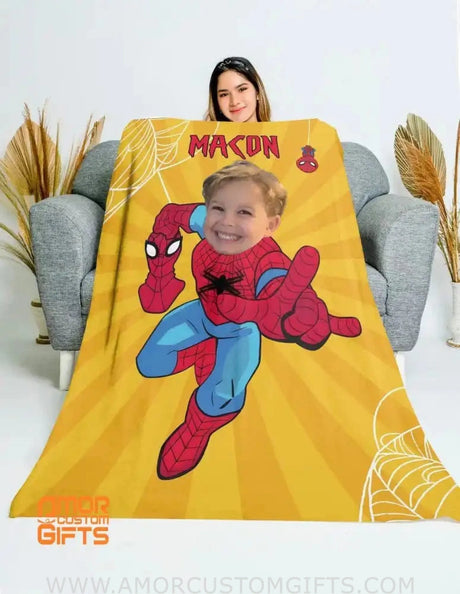 Blankets Personalized Little Boys Superhero Yellow Spider Blanket | Kids Custom Face & Name Superhero Blanket