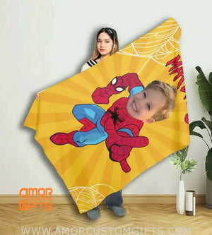 Blankets Personalized Little Boys Superhero Yellow Spider Blanket | Kids Custom Face & Name Superhero Blanket
