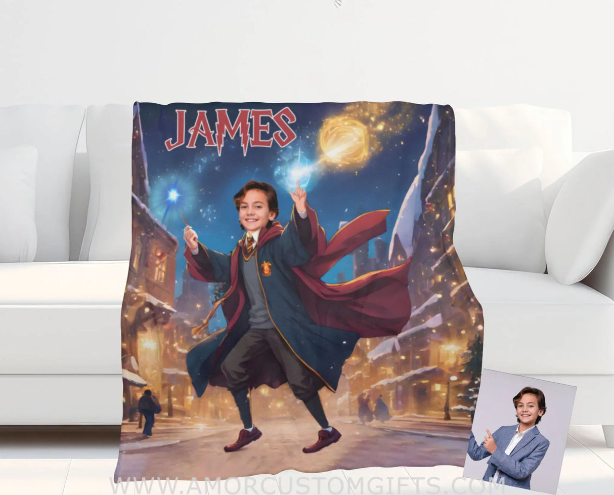 Blankets Personalized Magical Wizard Boy 2 Xmas Blanket | Custom Face & Name Blanket For Boys