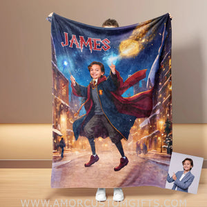 Blankets Personalized Magical Wizard Boy 2 Xmas Blanket | Custom Face & Name Blanket For Boys