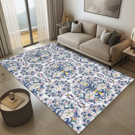 Mats & Rugs Personalized Majolica Blue Floral Rug / Floormat | Pattern Checker Thin Area Rug , Floormat