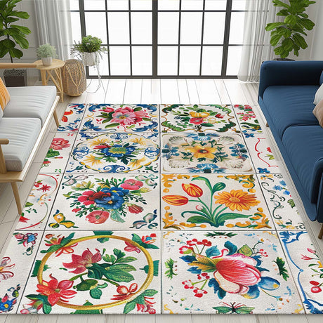 Mats & Rugs Personalized Majolica Tiles Tuplip Spring Floral Ivory Rug | Pattern Checker Thin Area Rug , Floormat