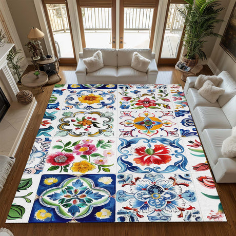 Mats & Rugs Personalized Majolica Tiles Tuplip Spring Floral White Rug | Pattern Checker Thin Area Rug , Floormat