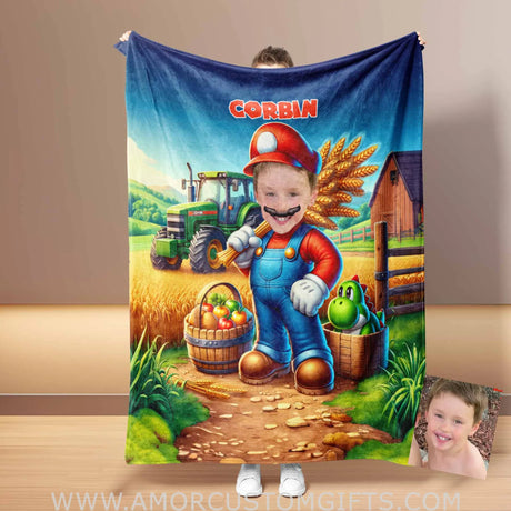 Blankets Personalized Mario 6 Farmer Tractor Blanket | Custom Face & Name Blanket For Boys