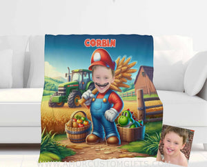 Blankets Personalized Mario 6 Farmer Tractor Blanket | Custom Face & Name Blanket For Boys