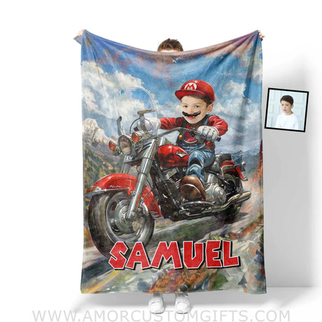 Blankets Personalized Mario Bros Harley Motorbike Painting Blanket | Custom Name & Face Boy Blanket