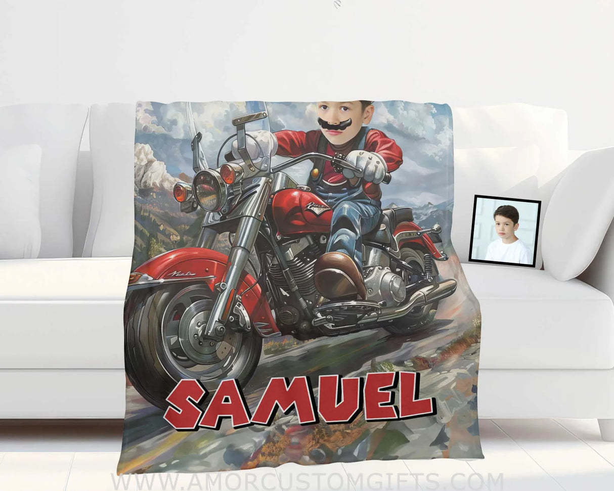 Blankets Personalized Mario Bros Harley Motorbike Painting Blanket | Custom Name & Face Boy Blanket