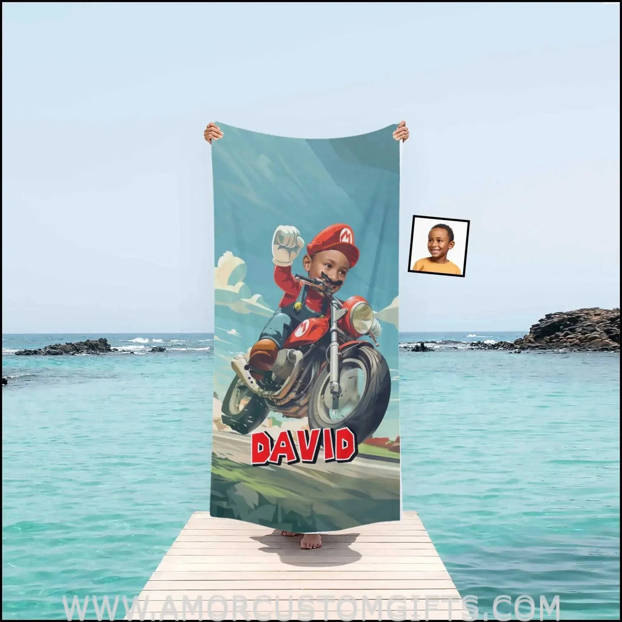 Towels Personalized Mario Bros Motorbike Photo Beach Towel
