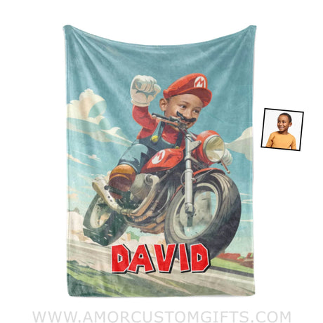 Blankets Personalized Mario Bros Motorbike Photo Boy Blanket | Custom Name & Face Boy Blanket