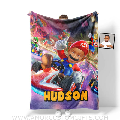 Blankets Personalized Mario Kart Double Dash Driving Violet Road Blanket | Custom Name & Face Boy Blanket