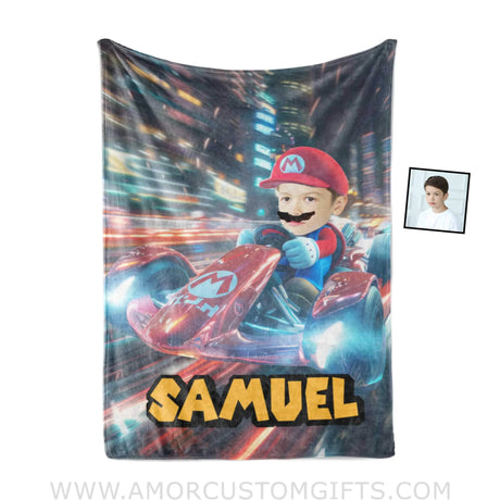 Blankets Personalized Mario Kart Driving Blanket | Custom Name & Face Boy Blanket