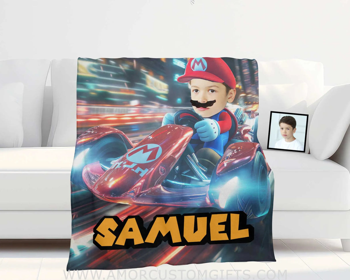 Blankets Personalized Mario Kart Driving Blanket | Custom Name & Face Boy Blanket