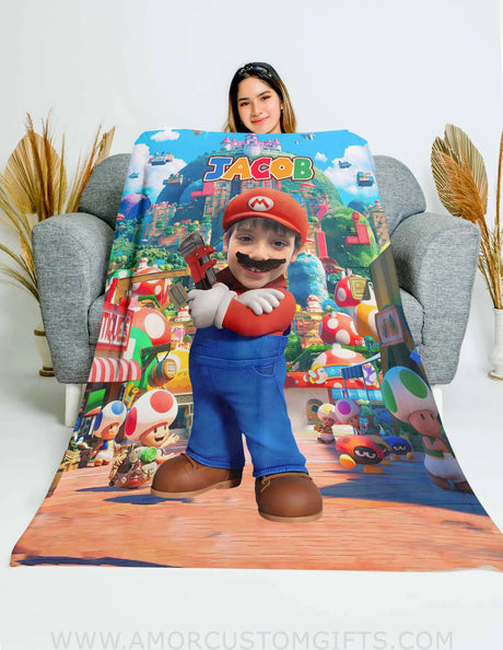 Blankets Personalized Mario Plumber  Boy Blanket | Custom Face & Name Boy Video Game Character Photo Blanket