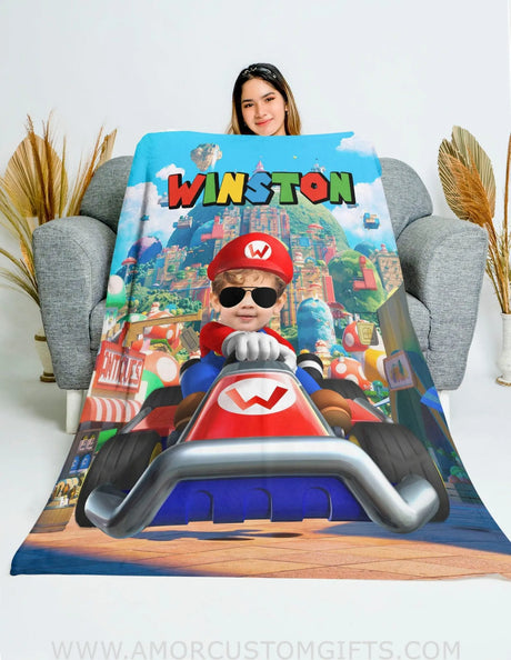 Blankets Personalized Mario Racing Car Boy Blanket | Custom Face & Name Vehicle Boy Blanket