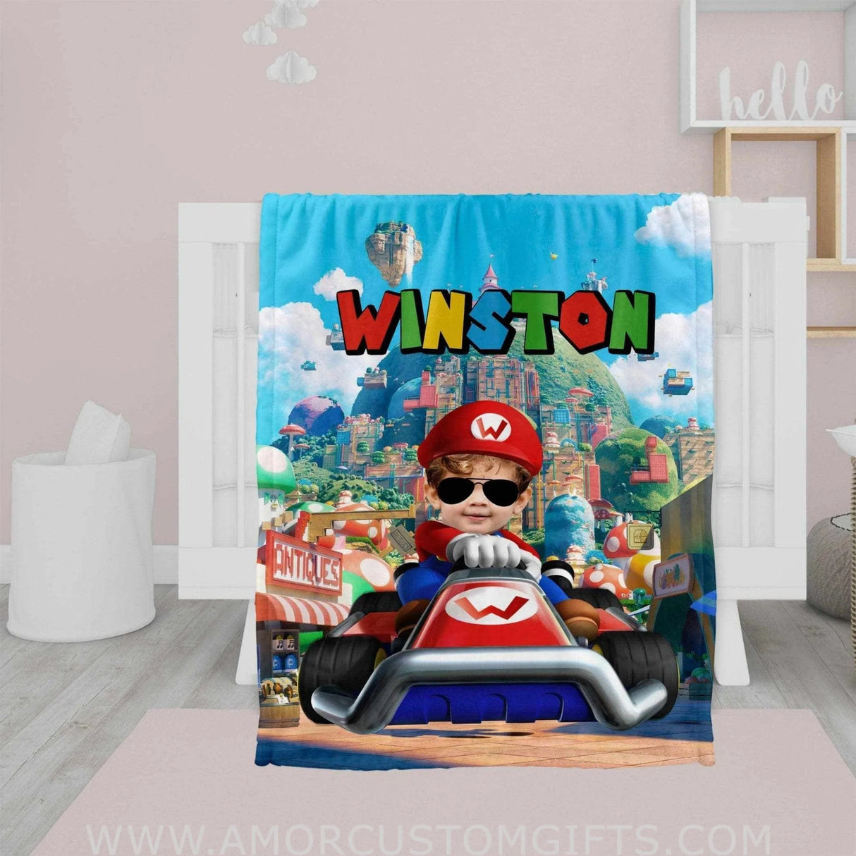Blankets Personalized Mario Racing Car Boy Blanket | Custom Face & Name Vehicle Boy Blanket