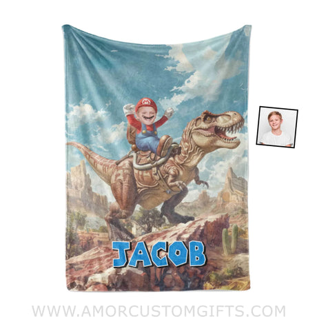 Blankets Personalized Mario Riding T-rex Photo Boy Blanket | Custom Name & Face Boy Blanket