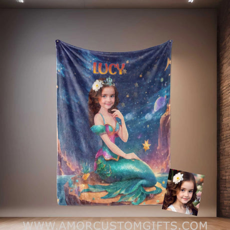 Blankets Personalized Mermaid 3 Photo Blanket | Custom Name & Face Girl Princess Blanket