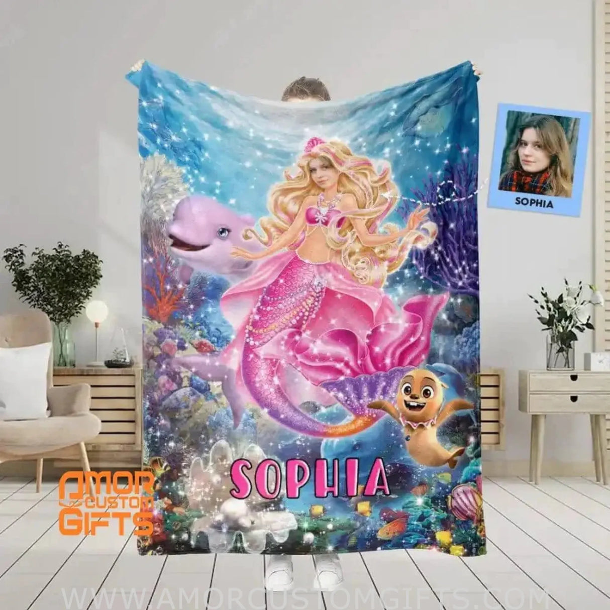 Blankets Personalized Mermaid Pink Barbi Girl 2 Blanket | Custom Face & Name Girl Blanket
