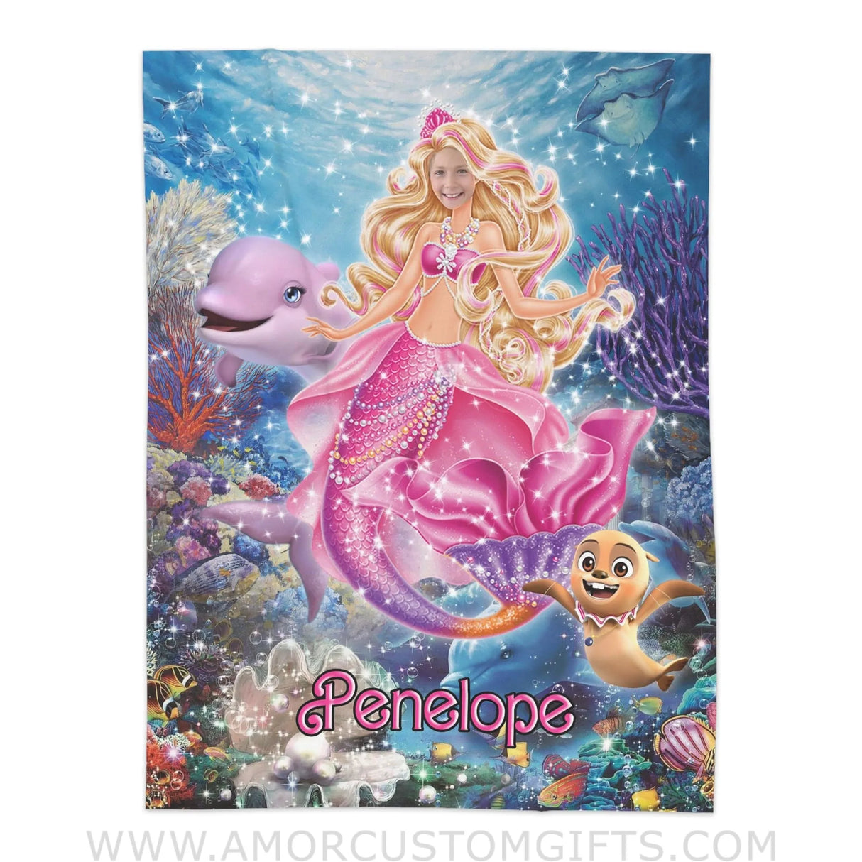 Blankets Personalized Mermaid Pink Barbie Inspired Girl 2 Blanket | Custom Face & Name Girl Blanket
