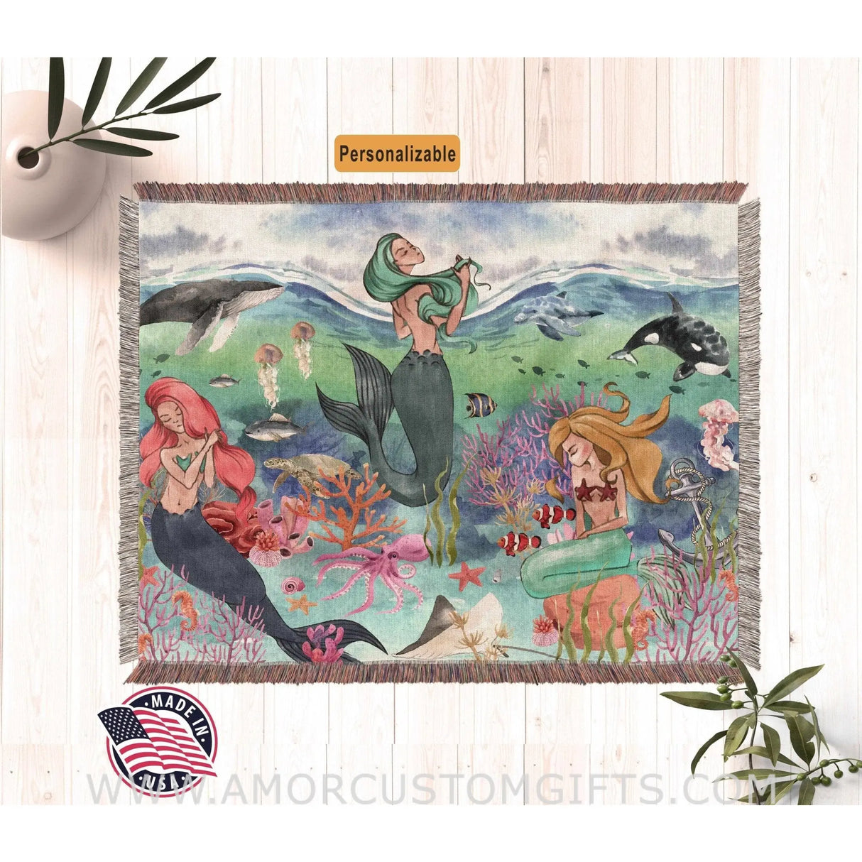 Blankets Personalized Mermaid Under The Sea Woven Blanket  - Tropical Boho Style Throw Bedding and Gifts