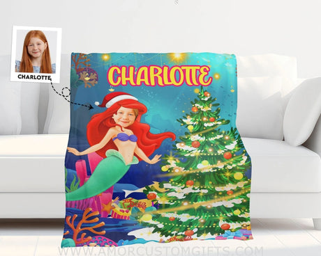 Blankets Personalized Mermaid Xmas Blanket | Custom Face & Name Christmas Girl Blanket
