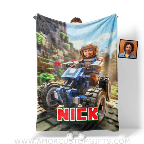Blankets Personalized Minecraft Boy Riding Kart Blanket | Custom Face & Name Boy Blanket