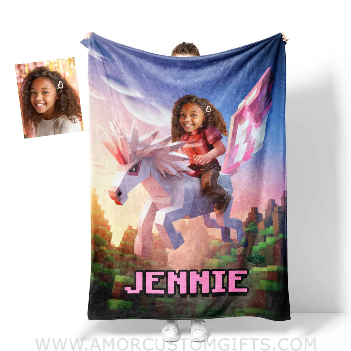 Blankets Personalized Minecraft Girl Riding On Minecraft Unicorn Blanket | Custom Name & Face Girl Blanket