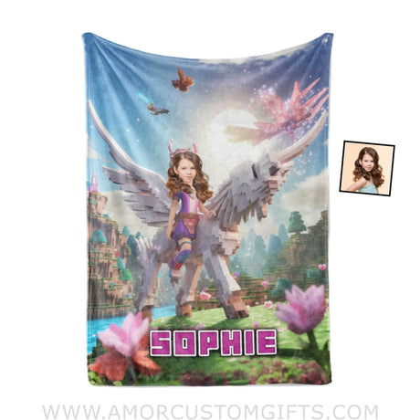Blankets Personalized Minecraft Girl Riding On Minecraft Wings Unicorn Blanket | Custom Name & Face Girl Blanket