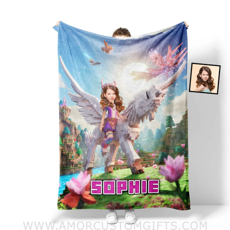 Blankets Personalized Minecraft Girl Riding On Minecraft Wings Unicorn Blanket | Custom Name & Face Girl Blanket