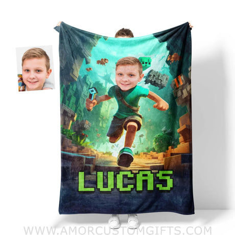 Blankets Personalized Minecraft Green Boy Blanket | Custom Face & Name Boy Blanket