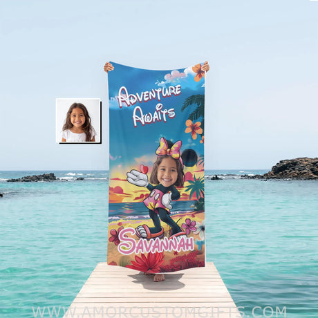 Personalized Minnie Cartoon Mouse On Beach Sunset Photo Girl Towel Towels