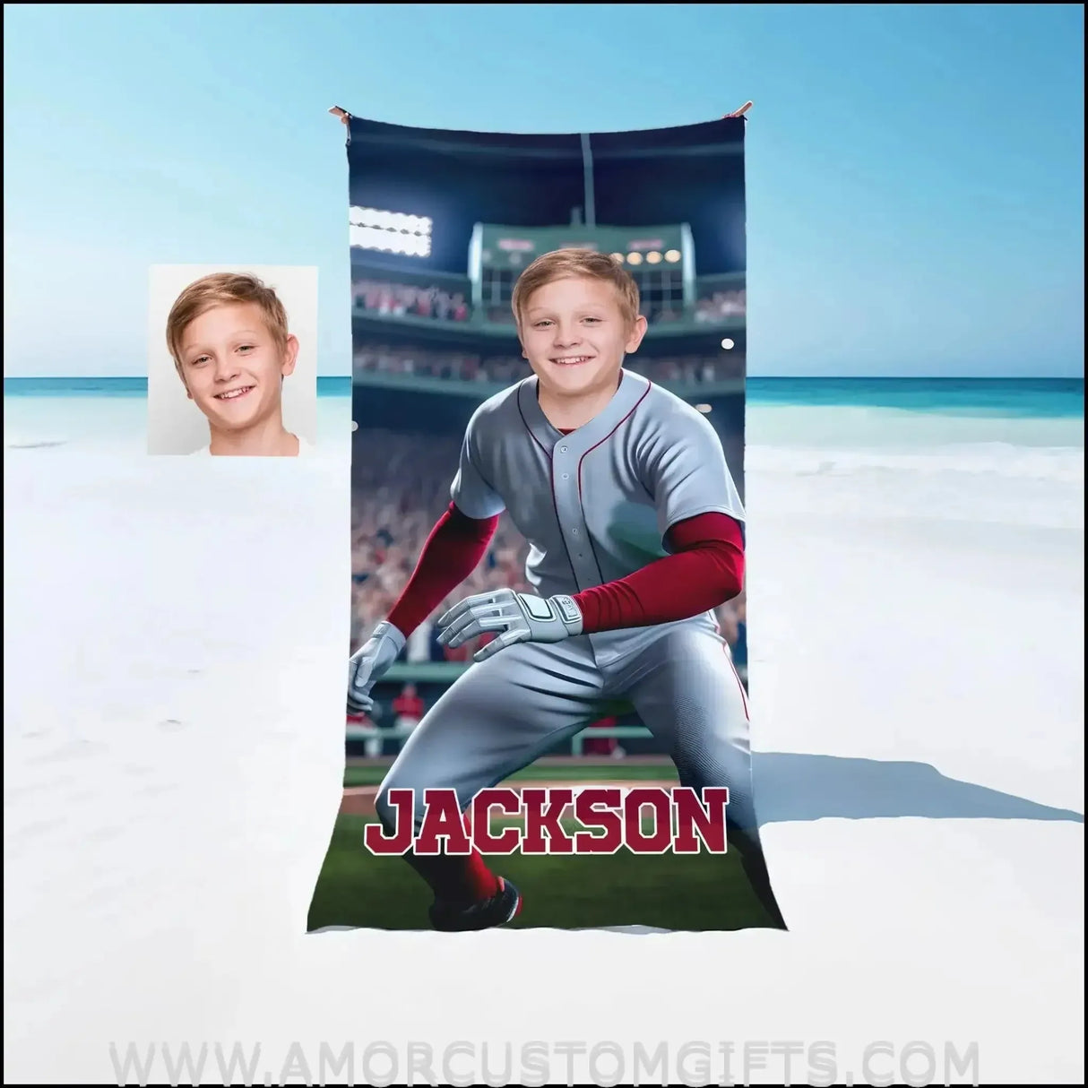 Towels Personalized MLB Boston Baseball Boy Red Sox Photo Beach Towel | Customized Name & Face Boy Towel
