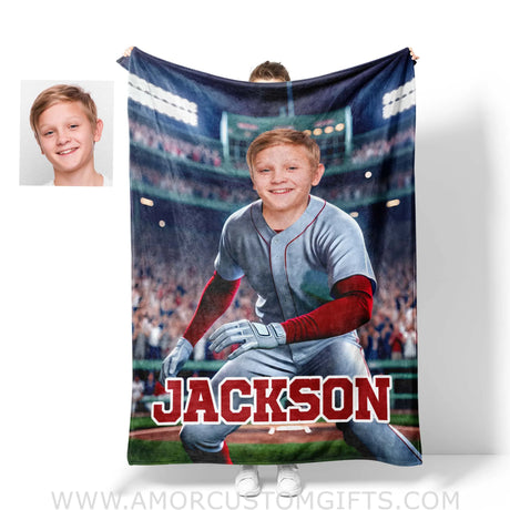 Blankets Personalized MLB Boston Baseball Boy Red Sox Photo Blanket | Custom Name & Face Boy Blanket