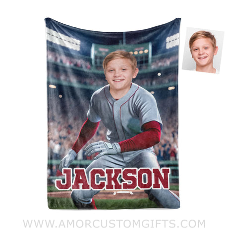 Blankets Personalized MLB Boston Baseball Boy Red Sox Photo Blanket | Custom Name & Face Boy Blanket