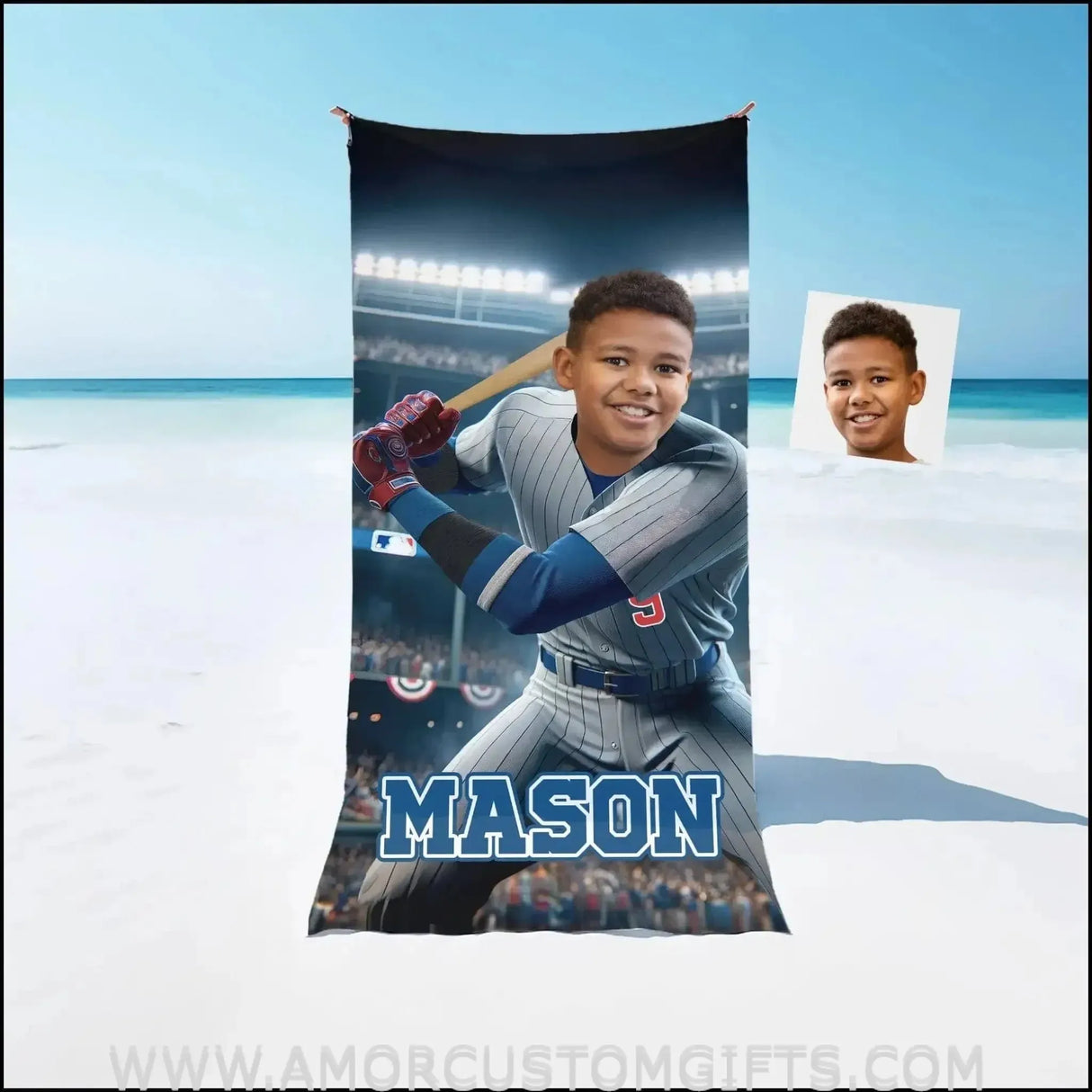 Towels Personalized MLB Chicago Baseball Boy Cubs Photo Beach Towel | Customized Name & Face Boy Towel