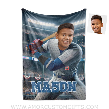 Blankets Personalized MLB Chicago Baseball Boy Cubs Photo Blanket | Custom Name & Face Boy Blanket
