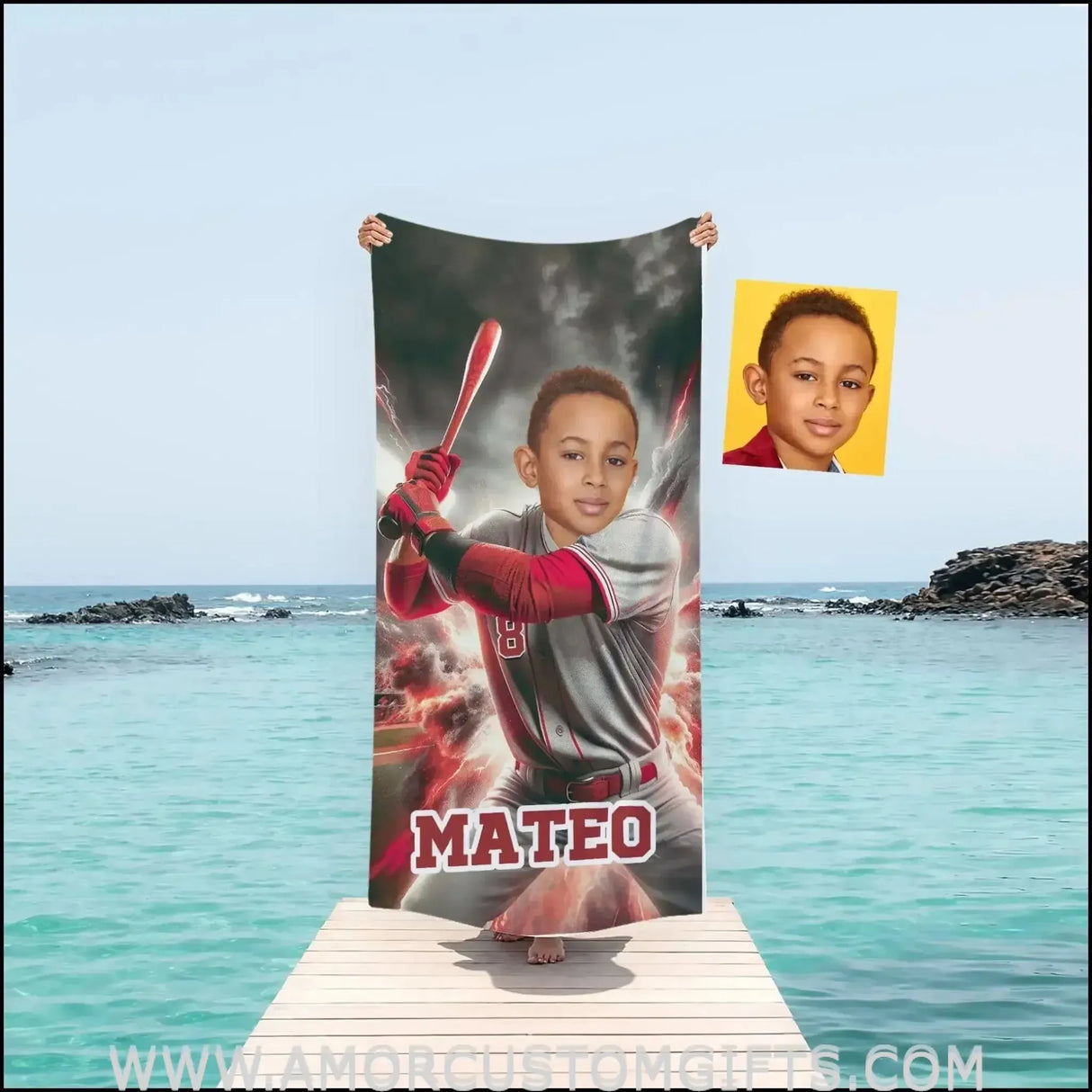Towels Personalized MLB Cincinnati Baseball Boy Reds Photo Beach Towel | Customized Name & Face Boy Towel
