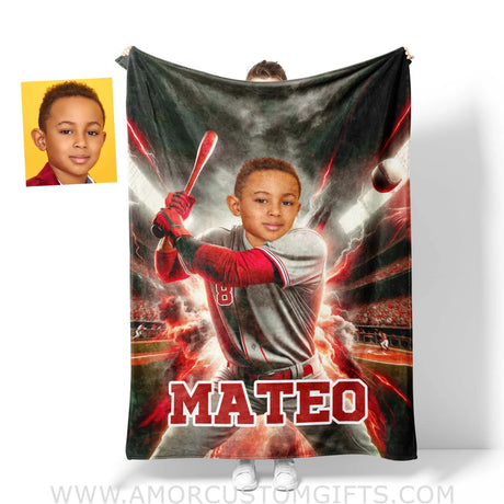 Blankets Personalized MLB Cincinnati Baseball Boy Reds Photo Blanket | Custom Name & Face Boy Blanket