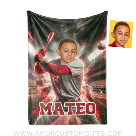 Blankets Personalized MLB Cincinnati Baseball Boy Reds Photo Blanket | Custom Name & Face Boy Blanket