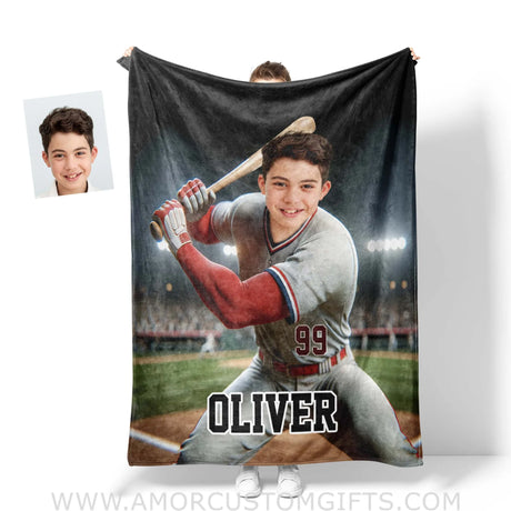 Blankets Personalized MLB Los Angeles Baseball Boy Photo Blanket | Custom Name & Face Boy Blanket