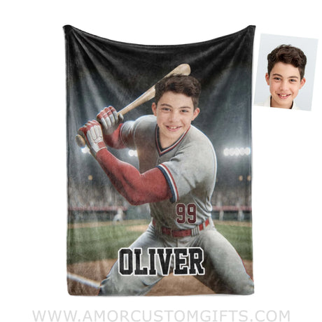 Blankets Personalized MLB Los Angeles Baseball Boy Photo Blanket | Custom Name & Face Boy Blanket