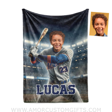 Blankets Personalized MLB New York Baseball Boy Mets Photo Blanket | Custom Name & Face Boy Blanket