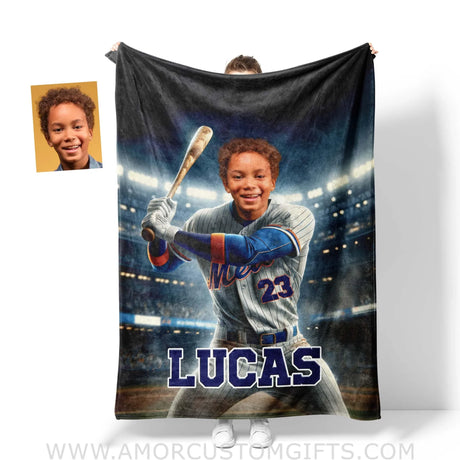 Blankets Personalized MLB New York Baseball Boy Mets Photo Blanket | Custom Name & Face Boy Blanket