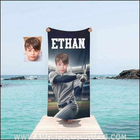 Towels Personalized MLB New York Baseball Boy Yankees Photo Beach Towel | Customized Name & Face Boy Towel