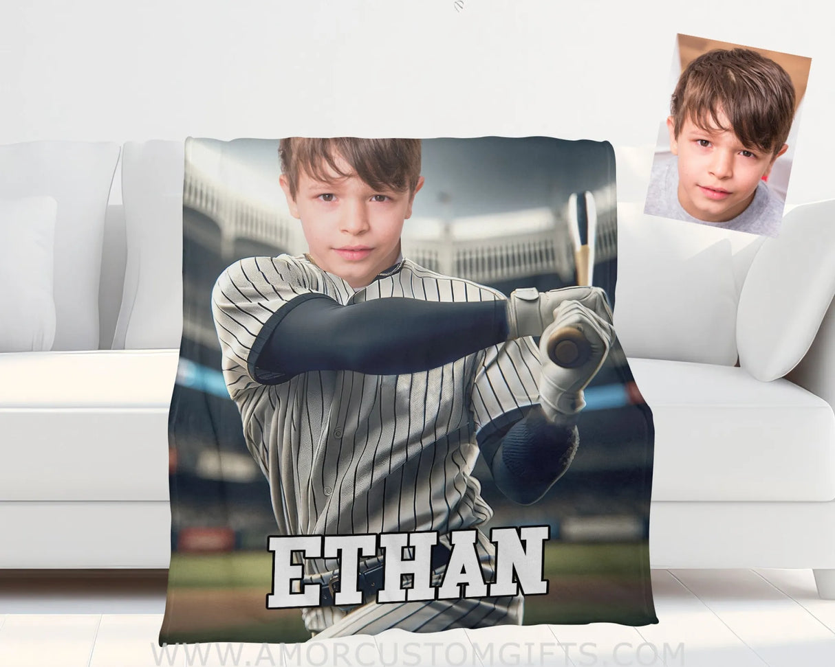 Blankets Personalized MLB New York Baseball Boy Yankees Photo Blanket | Custom Name & Face Boy Blanket